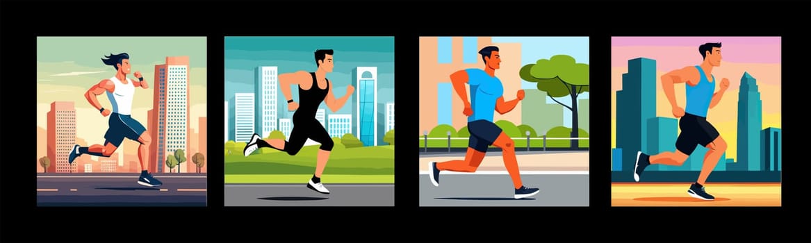 Banner Runners set. Flat concept illustrations athletes running in park, forest, stadium track or street landscape. Healthy activity and lifestyle. Sprint, jogging, warming up.