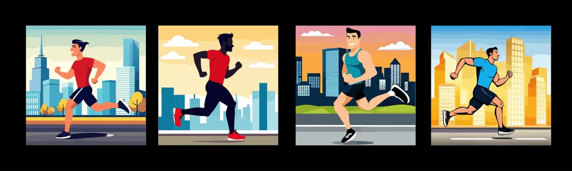 Banner Runners set. Flat concept illustrations athletes running in park, forest, stadium track or street landscape. Healthy activity and lifestyle. Sprint, jogging, warming up.