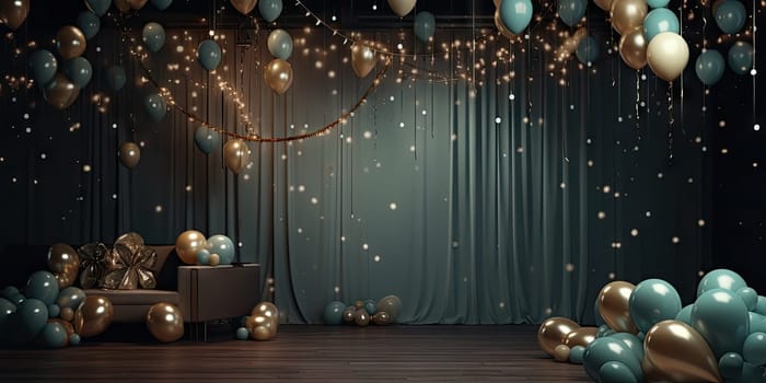 Room filled with festive gold and white balloons, gift boxes, and a joyous party atmosphere. Generative AI.