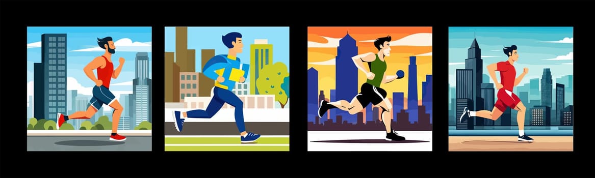 Banner Runners set. Flat concept illustrations athletes running in park, forest, stadium track or street landscape. Healthy activity and lifestyle. Sprint, jogging, warming up.