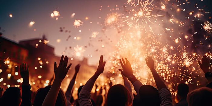 happy group of people celebrating a New Year party with champagne and sparklers, generative ai.