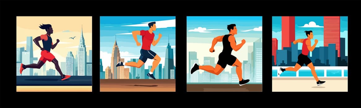 Banner Runners set. Flat concept illustrations athletes running in park, forest, stadium track or street landscape. Healthy activity and lifestyle. Sprint, jogging, warming up.