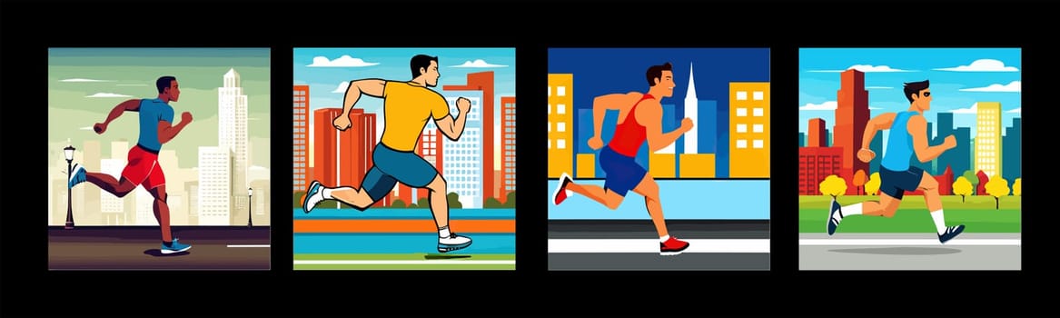 Banner Runners set. Flat concept illustrations athletes running in park, forest, stadium track or street landscape. Healthy activity and lifestyle. Sprint, jogging, warming up.