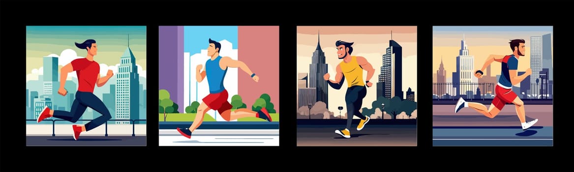 Banner Runners set. Flat concept illustrations athletes running in park, forest, stadium track or street landscape. Healthy activity and lifestyle. Sprint, jogging, warming up.