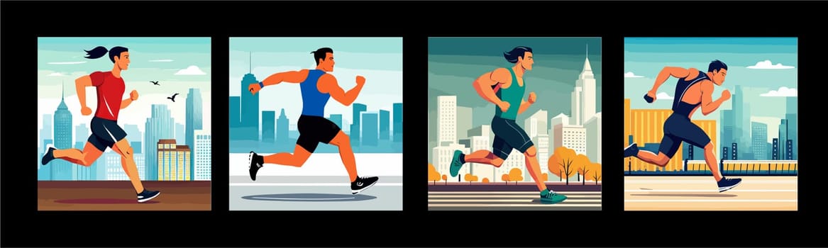 Banner Runners set. Flat concept illustrations athletes running in park, forest, stadium track or street landscape. Healthy activity and lifestyle. Sprint, jogging, warming up.