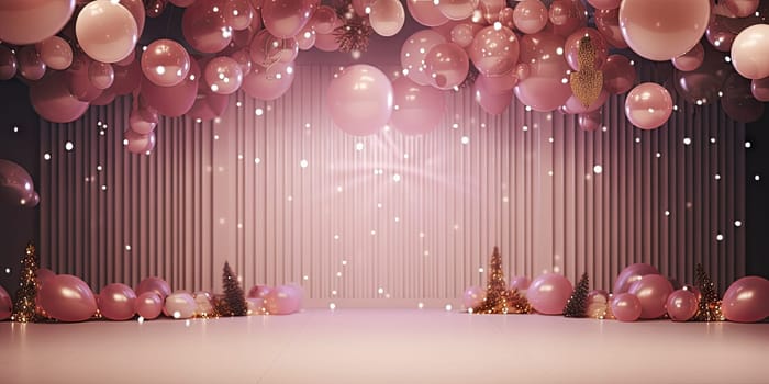 Room filled with festive gold and white balloons, gift boxes, and a joyous party atmosphere. Generative AI.