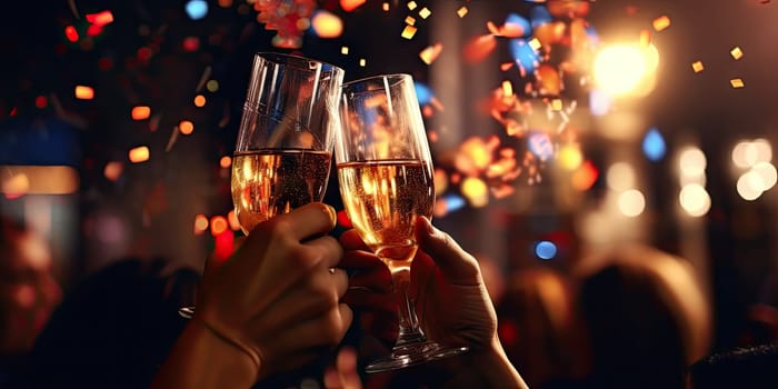 Close up of people toasting with christmas champagne glasses. Generative AI.