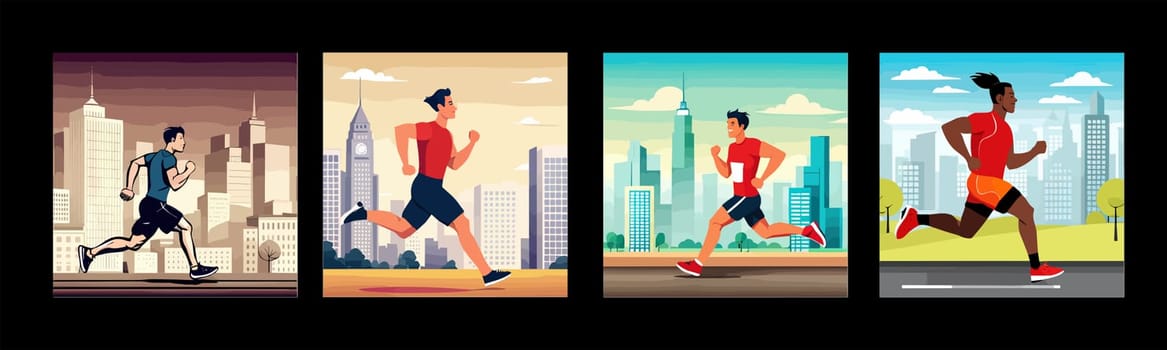 Banner Runners set. Flat concept illustrations athletes running in park, forest, stadium track or street landscape. Healthy activity and lifestyle. Sprint, jogging, warming up.