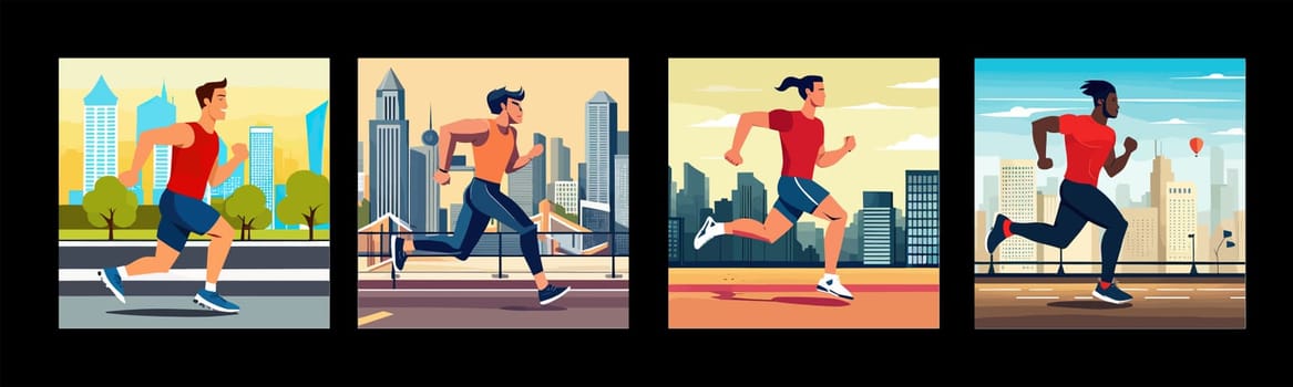 Banner Runners set. Flat concept illustrations athletes running in park, forest, stadium track or street landscape. Healthy activity and lifestyle. Sprint, jogging, warming up.