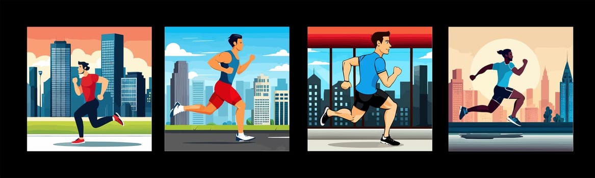 Banner Runners set. Flat concept illustrations athletes running in park, forest, stadium track or street landscape. Healthy activity and lifestyle. Sprint, jogging, warming up.