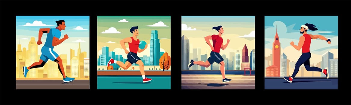 Banner Runners set. Flat concept illustrations athletes running in park, forest, stadium track or street landscape. Healthy activity and lifestyle. Sprint, jogging, warming up.