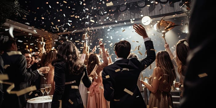 happy group of people celebrating a New Year party with champagne and sparklers, generative ai.