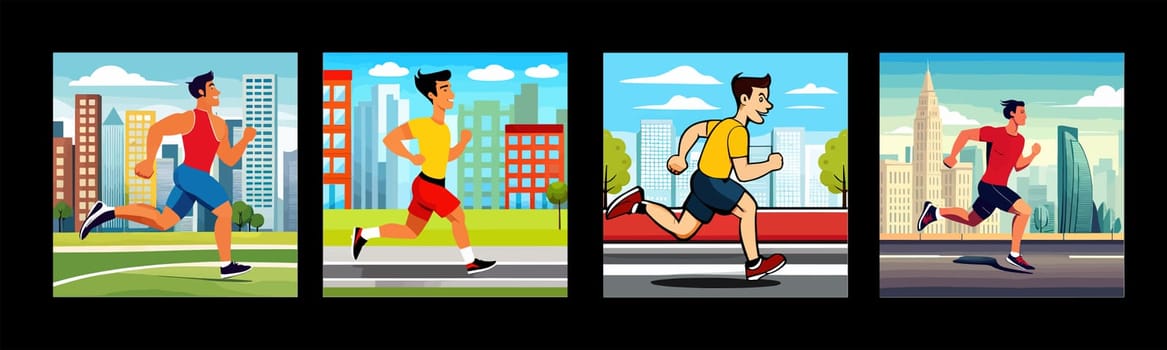 Banner Runners set. Flat concept illustrations athletes running in park, forest, stadium track or street landscape. Healthy activity and lifestyle. Sprint, jogging, warming up.