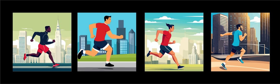 Banner Runners set. Flat concept illustrations athletes running in park, forest, stadium track or street landscape. Healthy activity and lifestyle. Sprint, jogging, warming up.