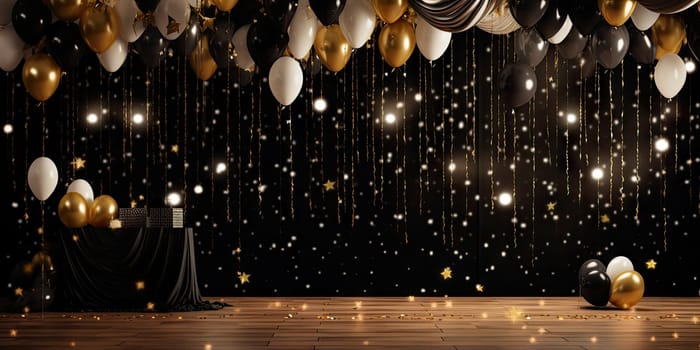 Room filled with festive gold and white balloons, gift boxes, and a joyous party atmosphere. Generative AI.