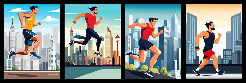 Banner Runners set. Flat concept illustrations athletes running in park, forest, stadium track or street landscape. Healthy activity and lifestyle. Sprint, jogging, warming up.