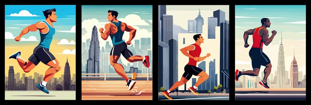 Banner Runners set. Flat concept illustrations athletes running in park, forest, stadium track or street landscape. Healthy activity and lifestyle. Sprint, jogging, warming up.