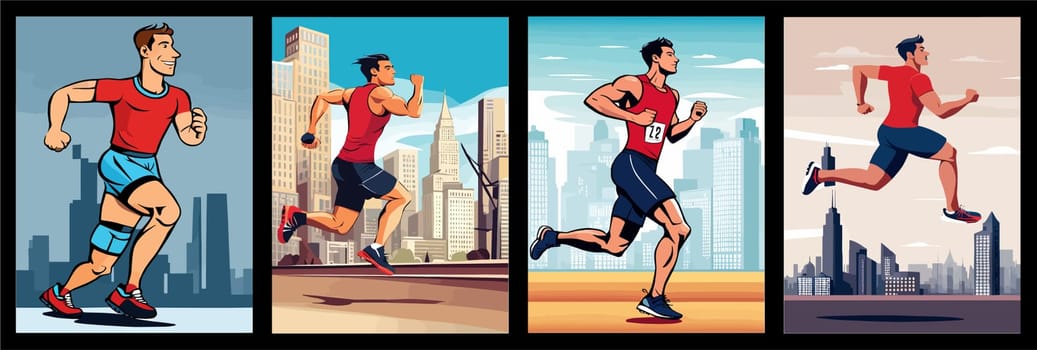 Banner Runners set. Flat concept illustrations athletes running in park, forest, stadium track or street landscape. Healthy activity and lifestyle. Sprint, jogging, warming up.