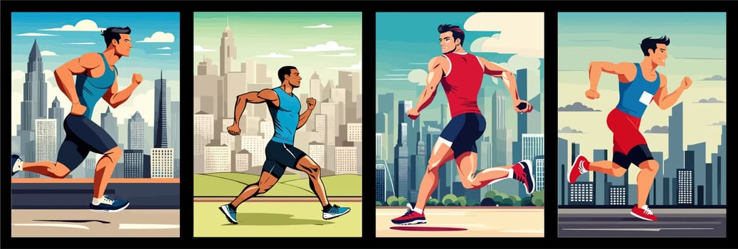 Banner Runners set. Flat concept illustrations athletes running in park, forest, stadium track or street landscape. Healthy activity and lifestyle. Sprint, jogging, warming up.