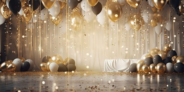 Room filled with festive gold and white balloons, gift boxes, and a joyous party atmosphere. Generative AI.