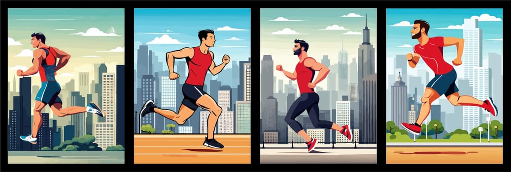 Banner Runners set. Flat concept illustrations athletes running in park, forest, stadium track or street landscape. Healthy activity and lifestyle. Sprint, jogging, warming up.