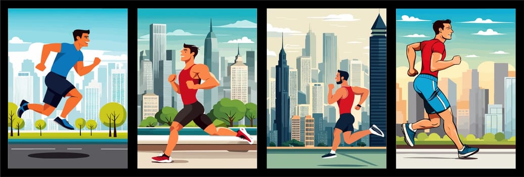 Banner Runners set. Flat concept illustrations athletes running in park, forest, stadium track or street landscape. Healthy activity and lifestyle. Sprint, jogging, warming up.