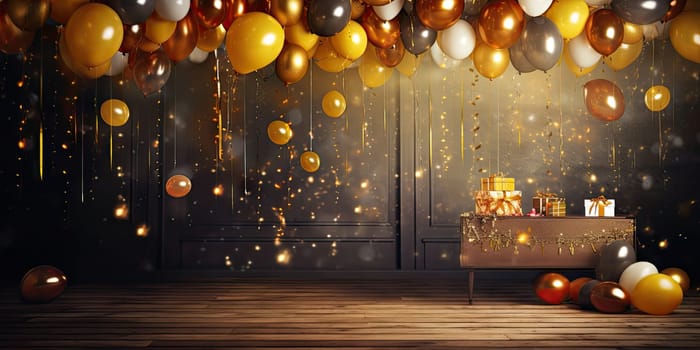 Room filled with festive gold and white balloons, gift boxes, and a joyous party atmosphere. Generative AI.