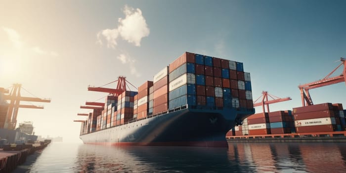 Industrial port with Logistics and transportation of International Container Cargo ship , commercial dock, harbor, cargo container, shipping. Generative ai.