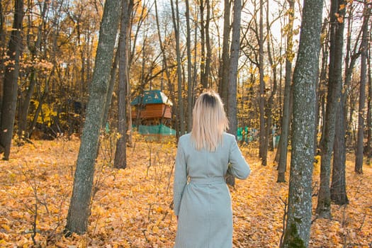 Blonde woman in elegant gray coat walks in the sunny autumn season park. Generation z and gen z youth concept