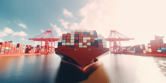 Industrial port with Logistics and transportation of International Container Cargo ship , commercial dock, harbor, cargo container, shipping. Generative ai.