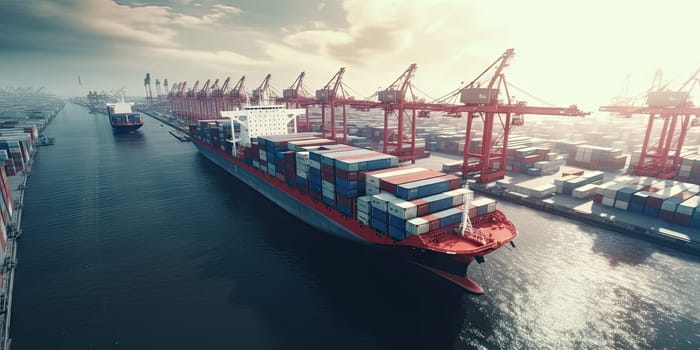 Industrial port with Logistics and transportation of International Container Cargo ship , commercial dock, harbor, cargo container, shipping. Generative ai.