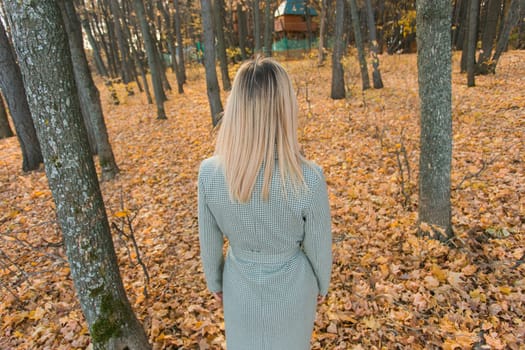 Blonde woman in elegant gray coat walks in the sunny autumn season park. Generation z and gen z youth concept