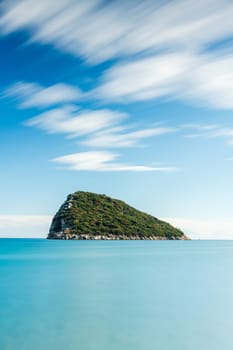 Long exposure photo of Antalya Sican Island with the beach