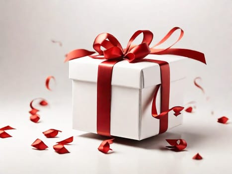 White gift box with red ribbon bow on white background.