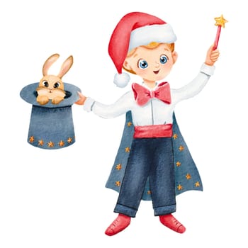 Naughty little magician. Young wizard in New Year hat tailcoat, with rabbit top hat and a magic wand. Performance begins. Watercolor isolated illustration. Character for postcards party invitations,