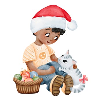 Watercolor merry Christmas composition. The boy in new year hat strokes the cat. African American teenager is sitting with his pet. decorative background for greeting card, bauble decorations, books.