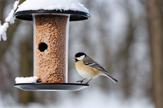 beautiful small garden birds great tit - Parus major feeding in a bird feeder in winter. Snowy winter day in the garden.