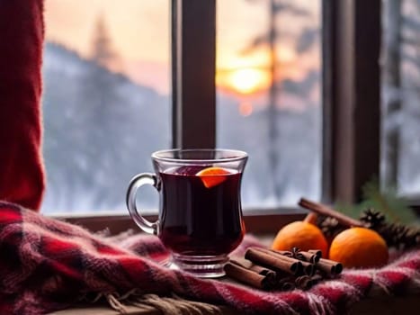 A cup of hot mulled wine, spices, a candle and a soft blanket against the background of a window on a cold winter evening. The concept of comfort and warmth on winter evenings