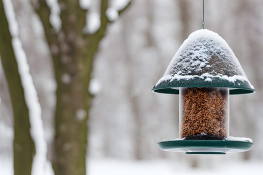 Bird feeder in the winter forest. Helping birds in winter