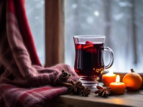 A cup of hot mulled wine, spices, a candle and a soft blanket against the background of a window on a cold winter evening. The concept of comfort and warmth on winter evenings