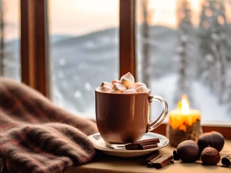 Hot chocolate marshmallows with cakes, a warm blanket and a candle on the windowsill by the window on a cozy winter evening