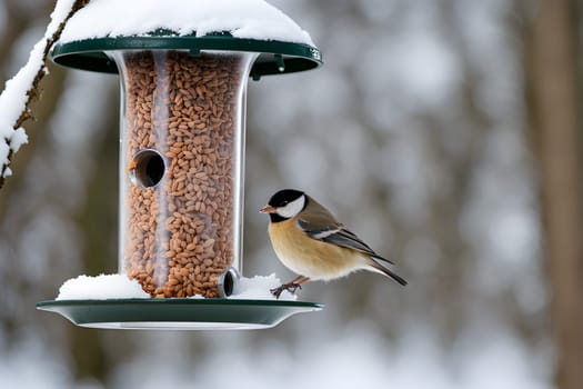 beautiful small garden birds great tit - Parus major feeding in a bird feeder in winter. Snowy winter day in the garden.