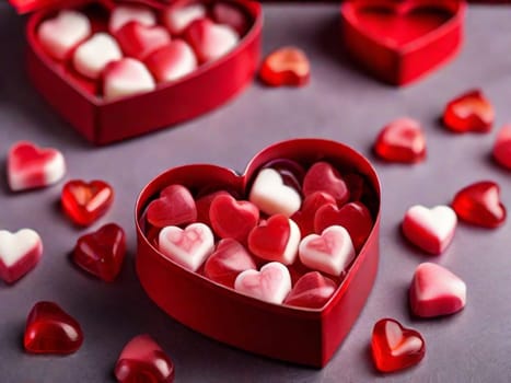 Red heart-shaped box with delicious multi-colored candies on a lilac background.