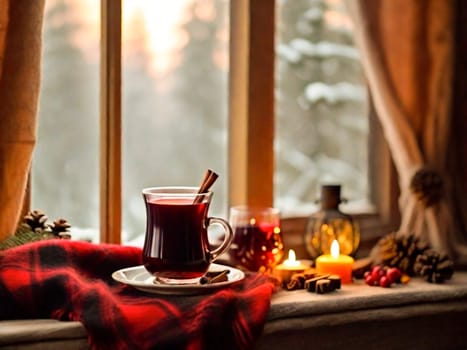 A cup of hot mulled wine, spices, a candle and a soft blanket against the background of a window on a cold winter evening. The concept of comfort and warmth on winter evenings