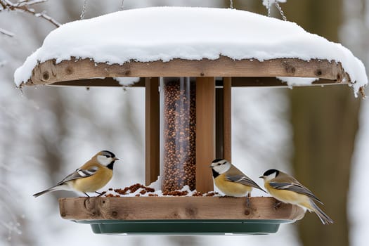 beautiful small garden birds great tit - Parus major feeding in a bird feeder in winter. Snowy winter day in the garden.