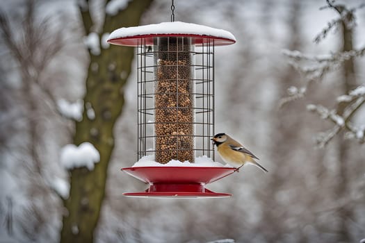 beautiful small garden birds great tit - Parus major feeding in a bird feeder in winter. Snowy winter day in the garden.