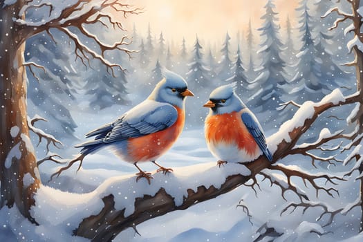 Watercolor landscape, Eurasian bullfinch (pyrrula pyrrula) sitting on a branch in the winter forest