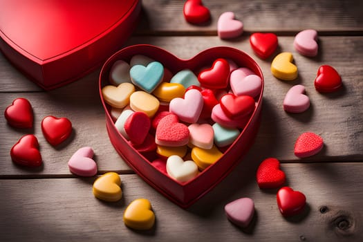 Red heart-shaped box with delicious multi-colored candies on a wooden table.