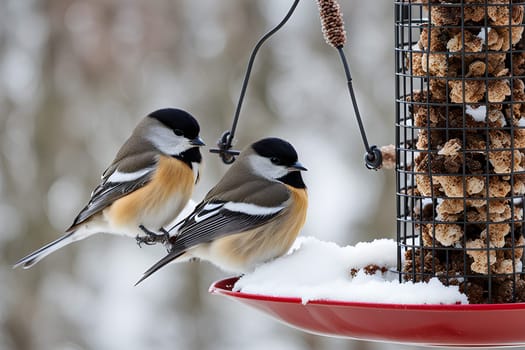 beautiful small garden birds great tit - Parus major feeding in a bird feeder in winter. Snowy winter day in the garden.