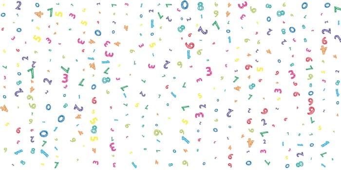 Falling colorful messy numbers. Math study concept with flying digits. Breathtaking back to school mathematics banner on white background. Falling numbers illustration.